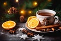 Christmas tea cup with oranges. Generate Ai Royalty Free Stock Photo