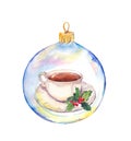 Christmas tea cup in transparent bauble and mistletoe. Watercolor