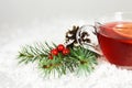 Christmas tea and lemon slice in transparent cup Royalty Free Stock Photo