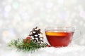 Christmas tea and lemon slice in transparent cup Royalty Free Stock Photo