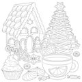 Christmas tea party, caramel, cookies. Winter holiday illustration.