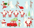 Christmas team set. Santa Claus, reindeer, bear, snowman, elf, car, fir tree.