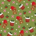 Christmas teddy bear, gift box and candy green seamless wallpaper