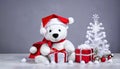 Christmas teddy bear with gift box on snow, christmas tree Royalty Free Stock Photo