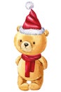 Christmas teddy bear in hat Santa Claus watercolor on isolated white background, poster, bear hand drawn illustration Royalty Free Stock Photo