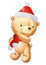 Christmas teddy bear in hat Santa Claus watercolor on isolated white background, poster, bear hand drawn illustration Royalty Free Stock Photo