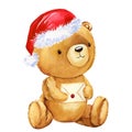 Christmas Teddy bear in Santa Claus hat with envelope. Watercolor illustration. Bear doll on white isolated background Royalty Free Stock Photo