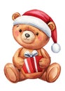 Christmas Teddy bear in Santa Claus hat with gift box. Watercolor illustration. Bear doll Merry Christmas.