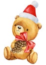 Christmas Teddy bear in Santa Claus hat with pine cone. Watercolor illustration. Bear doll on white isolated background