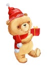 Christmas Teddy bear in Santa Claus hat with gift box. Watercolor illustration. Bear doll on white isolated background