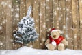 Christmas teddy bear sitting in the snow