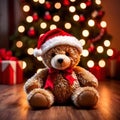 Christmas teddy bear wearing santa hat under christmas tree Royalty Free Stock Photo