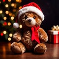 Christmas teddy bear wearing santa hat under christmas tree Royalty Free Stock Photo