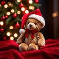 Christmas teddy bear wearing santa hat under christmas tree Royalty Free Stock Photo