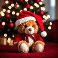 Christmas teddy bear wearing santa hat under christmas tree Royalty Free Stock Photo