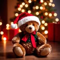 Christmas teddy bear wearing santa hat under christmas tree Royalty Free Stock Photo