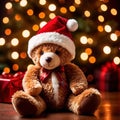 Christmas teddy bear wearing santa hat under christmas tree Royalty Free Stock Photo