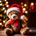 Christmas teddy bear wearing santa hat under christmas tree Royalty Free Stock Photo