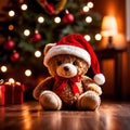 Christmas teddy bear wearing santa hat under christmas tree Royalty Free Stock Photo