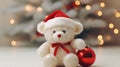 christmas teddy bear. a white teddy bear with red christmas hat in front of christmas decorations Royalty Free Stock Photo