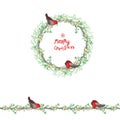 Christmas template with bullfinches and white berries.