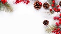 Christmas template with fir branches, natural cones, red berries and snow. White background, copy space. Generative AI