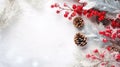 Christmas template with fir branches, natural cones, red berries and snow. White background, copy space. Generative AI