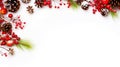 Christmas template with fir branches, natural cones, red berries and snow. White background, copy space. Generative AI