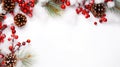 Christmas template with fir branches, natural cones, red berries and snow. White background, copy space. Generative AI