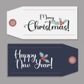 Christmas template and gift tag. Card labels Happy New Year and Merry Christmas with decor. Vector illustration, design Royalty Free Stock Photo