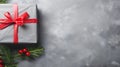 Christmas template, grey background with fir tree and gift, decorations Royalty Free Stock Photo