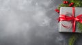 Christmas template, grey background with fir tree and gift, decorations Royalty Free Stock Photo