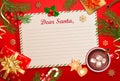 Christmas template for Letter to Santa Claus with traditional decorations-gift box with bow,candy cane,cocoa with marshmallows,