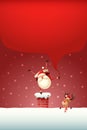 Christmas template poster - Happy Santa Claus with gifts bag standing on one hand on the chimney