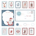 Christmas templates set. 2023 New Year. letter with cute Santa Claus, envelope with seals and postage stamps with Royalty Free Stock Photo