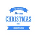 Christmas text, blue ribbon. Merry Christmas and Happy New Year wishes, isolated on white background. Design for banner Royalty Free Stock Photo