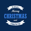 Christmas text, white ribbon. Merry Christmas and Happy New Year wishes, isolated on blue background. Design for banner Royalty Free Stock Photo