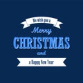 Christmas text, white ribbon. Merry Christmas and Happy New Year wishes, isolated on blue background. Design for banner Royalty Free Stock Photo