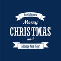 Christmas text, white ribbon. Merry Christmas and Happy New Year wishes, isolated on blue background. Design for banner Royalty Free Stock Photo