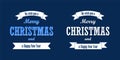 Christmas text, white ribbon set. Merry Christmas and Happy New Year wishes isolated blue background. Design for banner Royalty Free Stock Photo