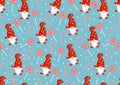 Christmas texture with gnomes and red candies. Vector illustration of Merry Christmas and Happy New Year. Seamless Royalty Free Stock Photo