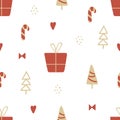 Christmas texture with gold and red tree, gif box, candy canes. Hand drawn unique seamless pattern for greeting card