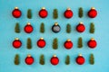 Christmas Texture, Red Ball And One Black, Branch, Frame, Turquoise Background Royalty Free Stock Photo