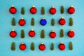 Christmas Texture, Red Ball And One Blue, Branch, Frame, Turquoise Background Royalty Free Stock Photo