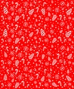 Christmas texture seamless red and white. Christmas tree, gifts, round snowflakes, caramel, sweets. Christmas pattern repeating