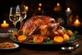 Christmas or Thanksgiving dinner with roasted turkey, glasses of wine and fruits served on festive table with candle