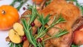 Christmas or Thanksgiving duck baked for traditional festive dinner with apples, rosemary, grapefruits on white Royalty Free Stock Photo