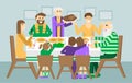 Christmas and Thanksgiving family dinner. Thanksgiving day turkey at the table.Holiday weekend illustration for poster