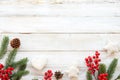 Christmas theme background with decorating elements and ornament rustic on white wood table Royalty Free Stock Photo