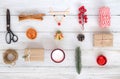 Christmas theme Background with decorations and gifts boxes on white wood board.